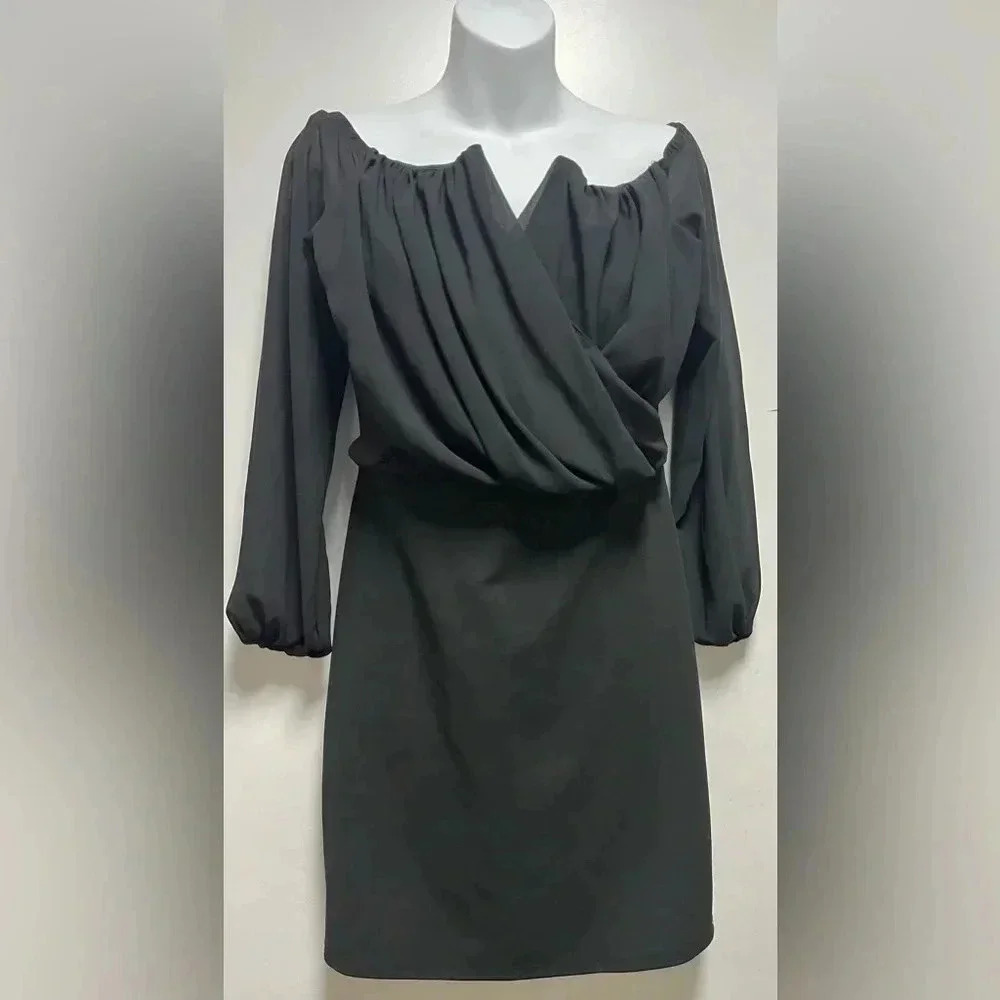 Elegant Contrast Surplice Off Shoulder Dress.
